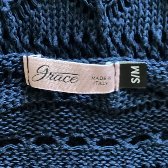 Grace Women's Crochet Top Navy Blue Sheer Sweater Long Sleeves Made in Italy - Picture 7 of 8